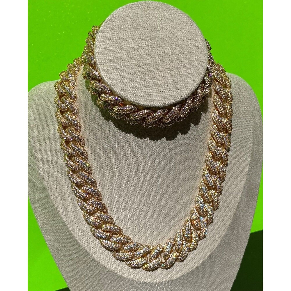 New Lab Moissanite Necklace Bracelet Lot 18k gold plated Curb Cuban Chain Bling
